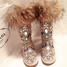 2020 Winter Snow Boots Women Real Fur Rhinestone Handmade Warm Flat Ankle Boots Genuine Leather Comfortable Casual Shoes Women 2024 - buy cheap