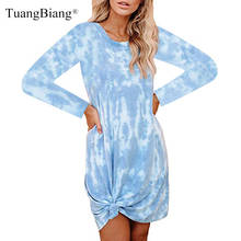 Vestido solto azul com manga longa e decote em o, moda casual feminina na altura do joelho, tintura para o outono, 2020 2024 - compre barato