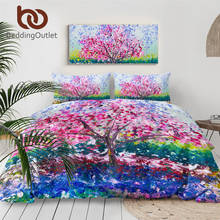BeddingOutlet-Juego de cama de árbol rosa, funda de cama de flores de cerezo, pintura de flores abstractas, juego de cama de 3 piezas, colchas de Arte de acuarela 2024 - compra barato
