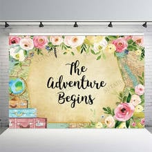 The Adventure Begins Baby Shower Photography Backdrop Flowers Map Suitcase Trip Travel Newborn Photocall Background Photo Studio 2024 - buy cheap