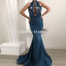 Navy blue Mermaid Evening Dresses 2021 Beading Crystal Sleeveless High Neck Long Prom Party Dress For African Robe De Soiree 2024 - buy cheap