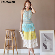 Printed Knit Cotton Women Korean Elastic Waist A-Line Long Dress Femme 2020 Newest Arrival Summer Sleeveless Runway Dresses 2024 - buy cheap