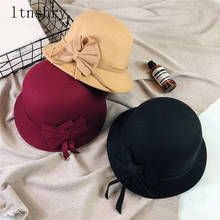 2019 New Elegant Flower Women Round Bowler Cap Imitation Wool Bowknot Fedoras Bucket Hat Vintage Brim Chapeu Feminino Gorra 2024 - compre barato