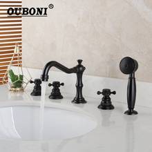 OUBONI Black 5 Pcs Bathtub Faucet Set Deck Mount 3 Handles Hand Sprayer Solid Brass Bathroom Bathtub Mixer Faucet Shower Set 2024 - buy cheap