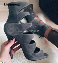 Autumn New Fashion Women Peep Toe Suede Leather Stiletto Heel Short Gladiator Boots Dark Grey Cut-out High Heel Ankle Booties 2024 - buy cheap