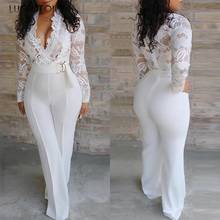 White Jumpsuit Women Lace Stitching Long Sleeve V-neck Plus Size Wide Leg Long Pants Office Lady  Jumpsuits for Women Lugentolo 2024 - buy cheap