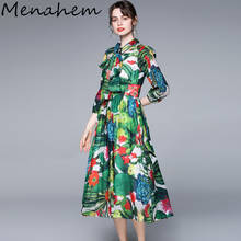 Menahem 2021 verão tropical selva férias verde floral chiffon vestido feminino arco colarinho floral impressão plissado elegante midi vestido 2024 - compre barato
