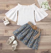 2021 Fashion Girls Clothes Sets Kids Solid Color Flared Sleeve Ruffled Boat Neck Tops Flower Printed Skirt 2pcs Outfits 1-6Y 2024 - buy cheap