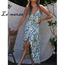 Summer 2020 Casual Women Print Long Dress Sexy Backless V-neck Ruffles Spaghetti Straps Dress 2024 - buy cheap