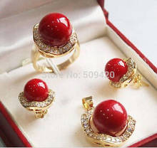 10mm &14mm Coral Red South sea Shell Pearl Earrings Ring Necklace Pendant Set 2024 - buy cheap