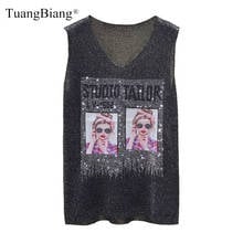 Summer Rhinestones girl print knit Tank Tops Women Sleeveless Female casual Party shining Vest Camisole New Pink 2020 V-Neck Top 2024 - buy cheap