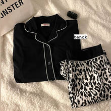2021 модный пижамный комплект для женщин с длинным рукавом Весна Осень Свободный корейский черный кардиган Топы леопардовые брюки костюм для домашнего сервиса zh02 2024 - купить недорого
