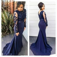 Navy Blue High Neck Lace Mermaid Party Gowns Long Sleeves Appliqued Evening Dresses Long Prom Dreses 2024 - buy cheap