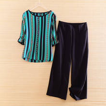 High-end primavera e verão 2 peças conjunto camisa listra topo + preto calças de perna larga elegante senhora casual terno S-XL 2024 - compre barato