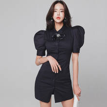 Fashion Summer Vintage Streetwear Mini Dress Ladies Elegant Sexy Casual Buttons Single Breasted Puff Sleeve Bodycon Black Dress 2024 - buy cheap