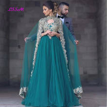 Plus Size Muslim Evening Dresses with Cape A-Line Tulle Applique Dubai Saudi Arabic Prom Dress Elegant Long Formal Evening Gowns 2024 - buy cheap