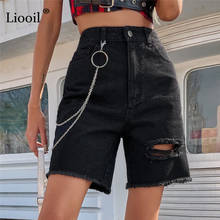 Liooil-pantalones cortos vaqueros para mujer, Shorts negros de pierna recta, cintura alta, Agujero desgastado con bolsillos, ropa de calle, rasgados, verano 2021 2024 - compra barato