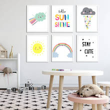 Arte nórdico de pared para guardería, cuadro decorativo con alfabeto de arcoíris, nube, lienzo, póster con cita de sol, pintura impresa para dormitorio de niños 2024 - compra barato