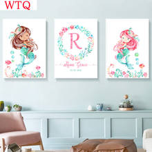 Ocean Mermaid Art Poster Custom Name Canvas Print Nursery Wall Art Paintings Nordic Poster Pictures Baby Girl Room Decoration 2024 - buy cheap