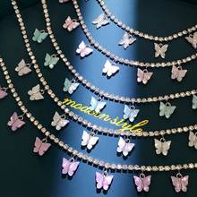 Gargantilha de tênis de prata e 7 borboletas, luxuosa, colar para mulheres, charme brilhante, strass, pingente de corrente, jóias, presente 2024 - compre barato