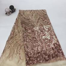 (5yards/pc) Champagne gold sequins net lace high quality African mesh tulle lace fabric with embroidery for party dress FSS028 2024 - buy cheap