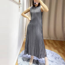 HOT SELLING  Miyake  fashion fold lattice print sleeveless Half high collar A-Line dress IN STOCK 2024 - buy cheap