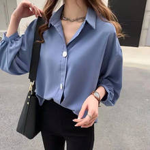 Womens Solid Long Sleeve Chiffon Tops Casual Lantern Sleeve Kimono Blouses Office Lady Turn-down Collar Shirts Blusas Mujer 2024 - buy cheap