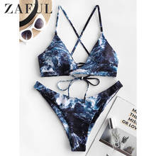 ZAFUL Cross Marble Lace-up Bikini Set Spaghetti Straps Swimsuit Women Sexy Push Up Swimsuit Summer Beach Swimwear Bathing Suit 2024 - buy cheap
