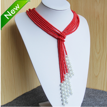 women Fashion Jewelry 3rows 5mm Natural Pink Coral&Shell Pearl Necklace 2024 - buy cheap