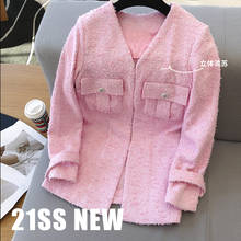 Женское твидовое пальто средней длины, элегантный подиумный кардиган розового цвета с V-образным вырезом, весна-осень 2021 2024 - купить недорого