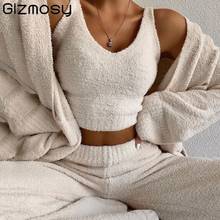 Gizmosy Two Piece Outfits Sexy Backless Crop Tops Women Casual Outfits Plush Sweater Set Top and High Waist Pants Party Clubwear 2024 - buy cheap