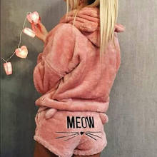 New Fleece Sleepwear Hoodie+Short Tow 2pcs Suit Winter Womens Flannel Pajamas Set Bear Hooded Pajamas Winter Warm Coral S-XL 2024 - buy cheap