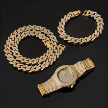 Hip Hop Miami Curb Cuban Link Chain Men Choker Iced Out Paved Rhinestone Bling Chain for Men Jewelry Set Watch Necklace Bracelet 2024 - buy cheap