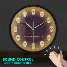 Mexican Mandala Skull Metal Frame LED Wall Clock Sound Control Flowered Dead Skeleton Day of the Dead Souvenir Home Decor Watch 2024 - buy cheap