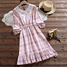 Mori girl pink cute kawaii plaid dress new fashion spring autumn bow long sleeve sweet dress 2024 - buy cheap