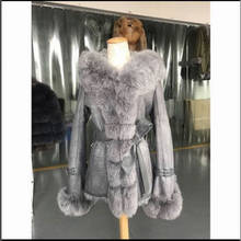 arlenesain real  fur leather women long coat with fox fur edge 2024 - buy cheap