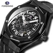 All Black Skeleton Automatic Men FOREINING Watch  Leather Strap Men Sport Military Mechanical Wristwatch Relogio Masculino 2024 - buy cheap