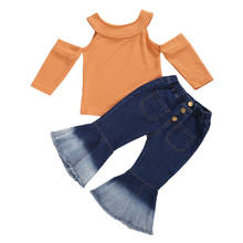 Conjunto de roupas infantis de 0-7 anos, moda infantil, blusa com ombro de fora e calças compridas, 2 peças, camiseta e calças de algodão em jeans 2024 - compre barato
