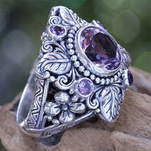 2019 Vintage Thai Silver Color Flower and Leaf Shaped With Purple CZ Stone Big Rings for Woman Wedding Engagement Ring jewelry 2024 - buy cheap