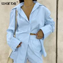 Long Sleeve Cotton Shorts Sets Women's Suit Single-Breasted Shirt Tops Elastic Mini Short Two Piece Set Women 2021 Summer Suits 2024 - buy cheap