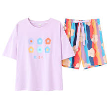 Summer Women's Pajamas Cotton Sleepwear Flower Print Clothing Rainbow Shorts Suit For Women Sweet Pyjamas 2 Pcs Homewear Pj Set 2024 - buy cheap