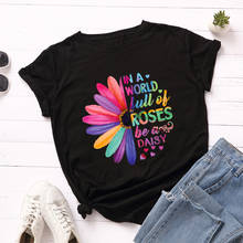 Camiseta estampada de girassol colorida, camiseta feminina de algodão com estampa de letra harajuku, manga curta, básica, camiseta solta de verão 2024 - compre barato