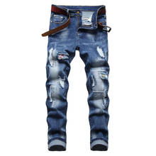 Men's Holes Ripped Patchwork Blue Denim Jeans Slim Straight Pants Stretch Trousers 2024 - buy cheap