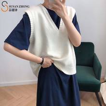 Suéter de punto para mujer, chaleco elegante Vintage con cuello en V, Tops sin mangas, moda coreana con dobladillo Irregular, novedad de Primavera de 2021 2024 - compra barato