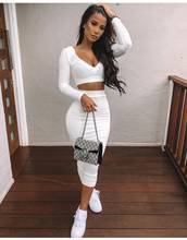 Sexy Two Piece Set V-neck Long Sleeve Short Crop Top and Long Skirt Two Piece Sets Outfits 2024 - buy cheap