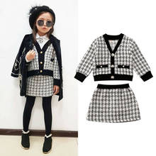 Spring Autumn Newborn Toddler Kid Baby Girls Clothes Set Long Sleeve V-Neck Button Plaid Jacket Coat & Skirt Outfits 2024 - buy cheap