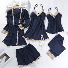 5PCS Robe Suit Kimono Bathrobe Gown Satin Sleepwear Women Pajamas Sets Silky Pyjamas Sexy Lace Nightwear Intimate Lingerie 2024 - buy cheap