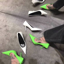 Sapatos femininos de salto alto sem cadarço e bico fino, neon, primavera, sapatos de festa, casamento, para mulheres 2024 - compre barato