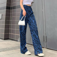 Calça jeans feminina listrada, vintage, com cintura alta, perna larga, bainha azul baggy 2024 - compre barato