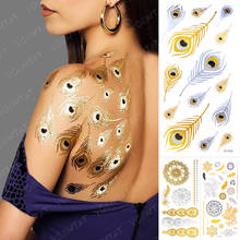 Водонепроницаемый Временные татуировки-наклейки в виде павлиньих перьев цвета: золотистый, серебристый металлик флэш-тату серьги Henna Mandala блеск браслет для боди-арта 2024 - купить недорого
